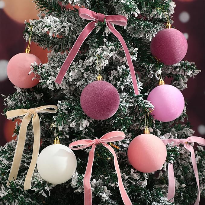 Syhood 46 Pcs Velvet Christmas Ornaments - 15 Pcs 3.15" Large Christmas Balls, 30 Flocked Bows, 1 Velvet Ribbon, Gradient Pink Xmas Tree Hanging Decorations for Vintage Xmas Holiday Decor