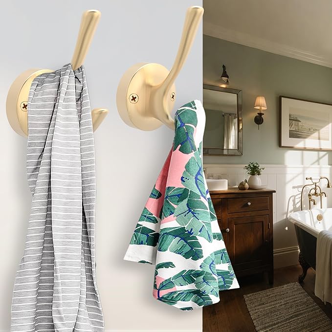 Gold Coat Hooks for Wall, 2 Pack Heavy Duty Towel Robe Hooks, Hats Hooks for Entryway Cubicle Closet Mudroom Bathroom Garage