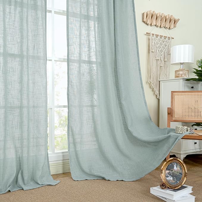 LAMIT Greyish Blue Linen Curtains for Bedroom, 72 Inch Length Light Filtering Semi Sheer Panels Back Tab and Rod Pocket Neutral Drapes for Living Room, 2 Panels, 34 x 72 Inch