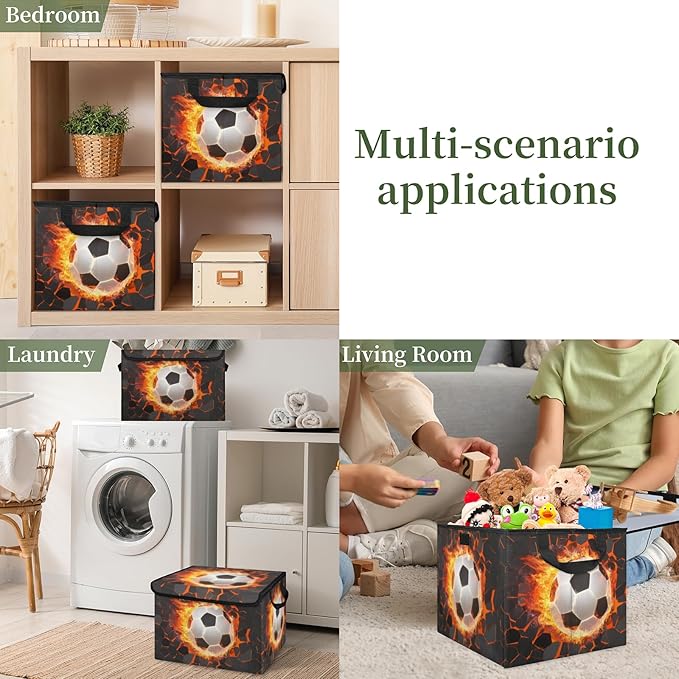 Closet Storage Bins with Lids, Cool Soccer Storage Baskets for Organizing, Large Cube Box Closet Organizers with Handles, Home Office Decorative Wardrobe Boxes for Organization (27 Quart)