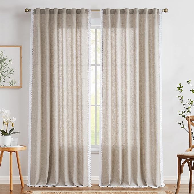 jinchan Linen Curtains for Living Room Bedroom Light Filtering Semi Sheer Curtains Boho Farmhouse French Country Cottage Core Decor Window Drapes Back Tab 84 Inch Length Laced Taupe
