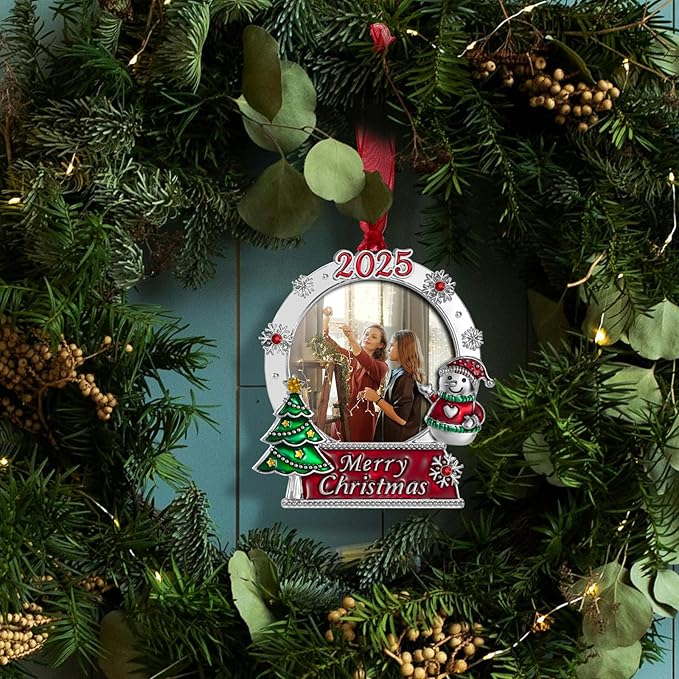 2025 Christmas Tree Ornaments Picture Frame Ornament- Made of Zinc Alloy Glitter Powder Pendant 2.5 Inch Picture Frame for Pet and Baby Holiday Keepsake Gift(Snowman,2025)