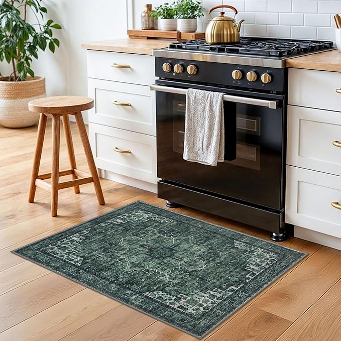 2x3 Washable Rug for Entryway, Dark Green Soft Traditional Printed Area Rug, Non-Slip Kitchen Rugs, Low-Pile Medallion Indoor Door Mat, Farmhouse Carpet for Entrance Kitchen Foyer Bedside