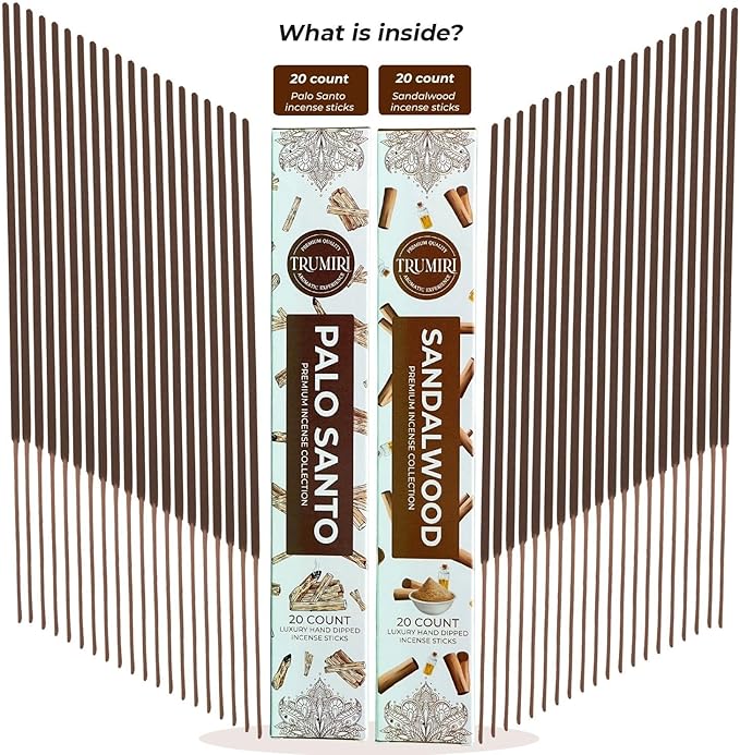 Trumiri Incense Combo Pack - 40 Incense Sticks - 20 Palo Santo + 20 Sandalwood - All Natural