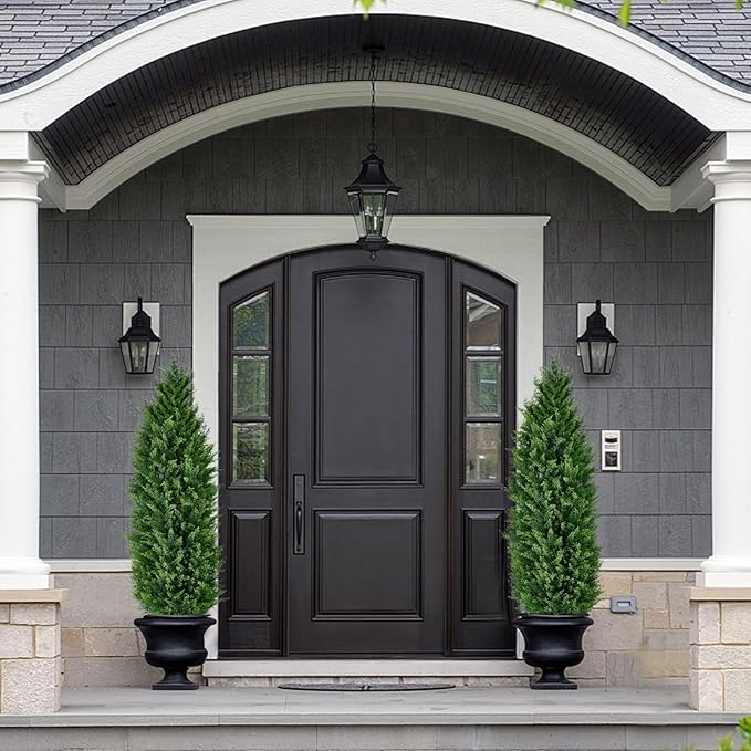 Artificial Cedar Topiary Trees, Set of 2 Lifelike Faux Pruned Cypress with Heavy-Duty Planters – UV-Resistant Outdoor Artificial Shrubs for Indoor/Outdoor Decor (40 Inches)