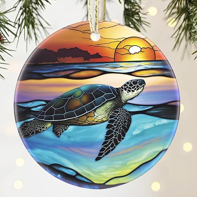 Sea Turtle Christmas Ornament, 3.5 Inch Ceramic Hanging Ornament, Sea Turtle Decor for Christmas Tree, Gifts & Holiday Presents