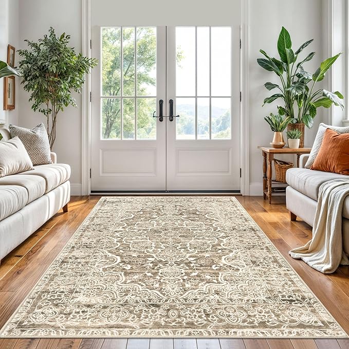KUTA Vintage Area Rug 5x7 Beige Brown, Washable Rugs for Living Room Soft Non-Slip Printed Distressed Tribal Traditional Farmhouse Carpet for Bedroom Dining Room Dorm Office Home Decor