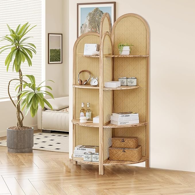 4-Tier Corner Shelf Stand 70" Rattan Corner Shelves Display Shelf Wall Corner Bookshelf with Solid Wood Frame Multi Unit Organizer Rack with Legs for Living Room Decor,Small Space, Natural