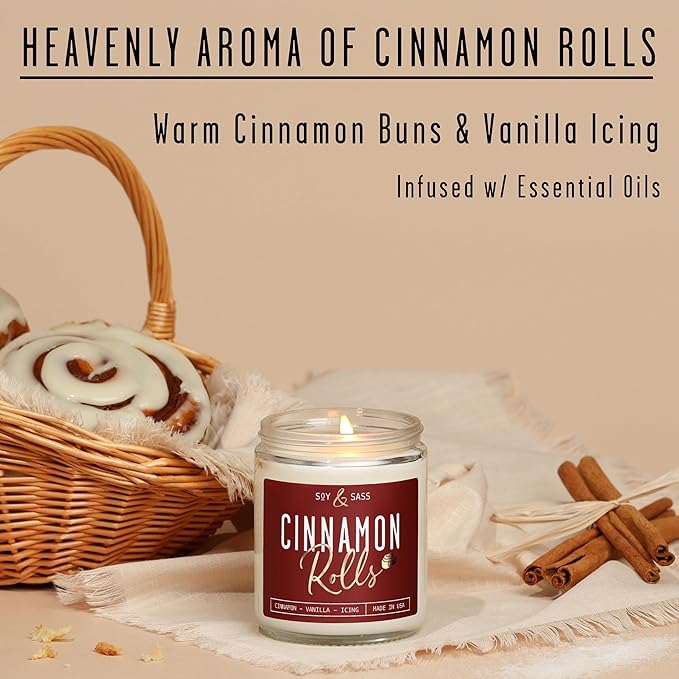 Cinnamon Candle, Fall Candles, Christmas Candles - 'Cinnamon Rolls' Autumn Scented Soy Candle for Home, 9oz Reusable Jar, 50Hr Burn, Made in USA