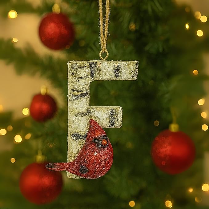 Rustic Cardinal Initial Letter Christmas Ornament – Birch Wood Look Hanging Alphabet Monogram Decoration for Holiday Tree & Winter Home Décor (F)