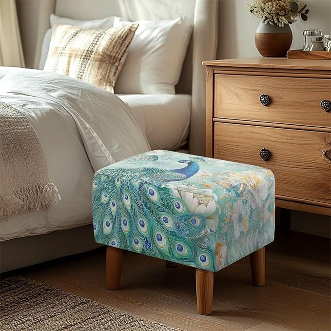 Small Ottoman Cover, Peacock Rectangle Chair Cover Polyester Spandex Furniture Protector with Elastic Bottom Foot Stool Slipcover for Country Living Room Decor