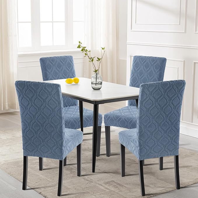 SearchI Dining Room Chair Covers Set of 6, Stretch Jacquard Parsons Chair Slipcovers Spandex Removable Washable Kitchen Chair Protector Cover for Dining Room, Hotel, Ceremony (Gray-Blue Geometric)