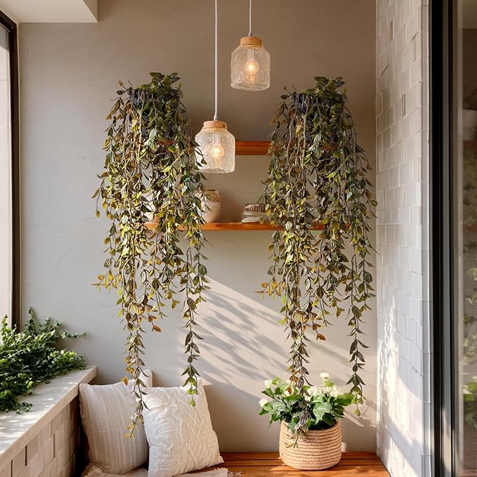 Artificial Hanging Plant 2 Pcs Faux Plant Ivy Vine Faux Eucalyptus Vines Fake Potted Greenery for Wall Living Room Home Shelf Office Bathroom Outdoor Indoor Decor (Type 3)