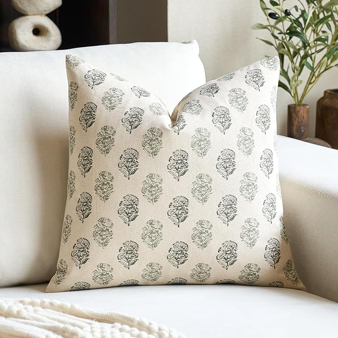 Floral Vintage Throw Pillow Covers 18x18 Pillow Cover Block Print Decorative Cushion Covers Farmhouse Neutral Accent Home Décor for Sofa Couch Living Room Bedroom, 1PC, Olive Green