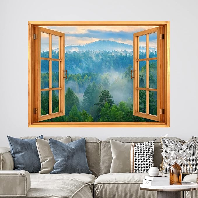 wall26 Removable Wall Sticker/Wall Mural Window View Aerial Misty Lush Green Tree Forest Wilderness Nature Photography Realism Rustic Landscape Colorful for Living Room, Bedroom, Office - 24"x32"