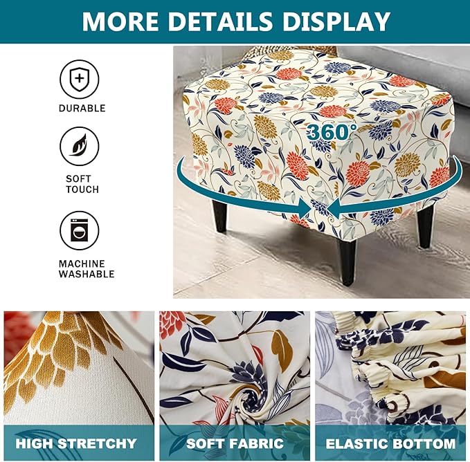 KRFOONN Stretch Ottoman Cover Slipcovers Rectangle Fit Length 55"-63" Footrest Stool Covers Printed Ottoman Cover for Foot Stool Furniture Protector with Non Slip Elastic Bottom, Color 14