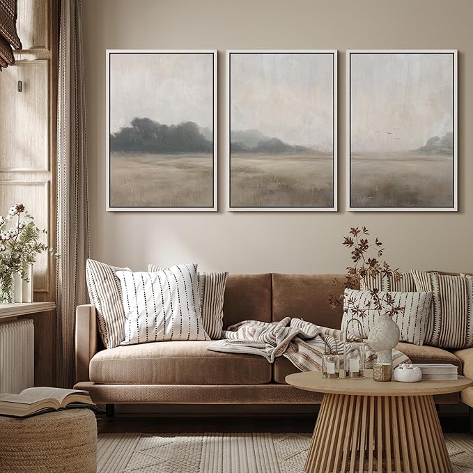 MUDECOR Framed Wall Art Print Set Serene MeadowTranquil Landscape with Foggy Fields and Distant Trees Illustrations Realism Decorative for Living Room, Bedroom, Office - 16"x24"x3 White