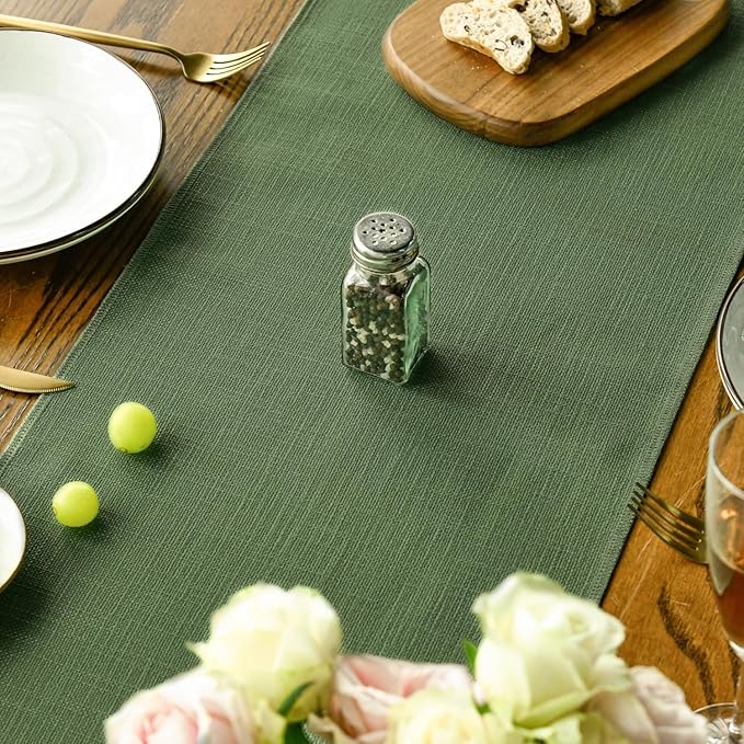 Artoid Mode Dark Green Tassel Table Runner, Linen Blend Rustic Farmhouse Style Kitchen Table Decoration Holiday Wedding Party Dinning Decor 13x90 Inch