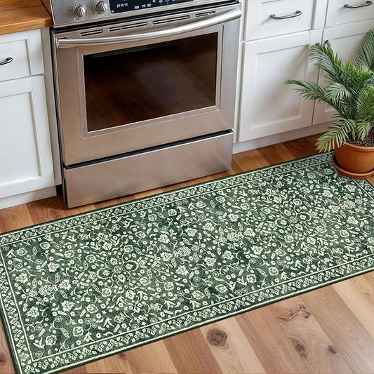 Vintage Washable 2x5 Rug Runner, Forest Green Runners for hallways, Super Soft Kitchen Runner Rug Non Slip, Print Faux Wool Floral Thin Carpet Runner for Entryway Indoor Bedroom