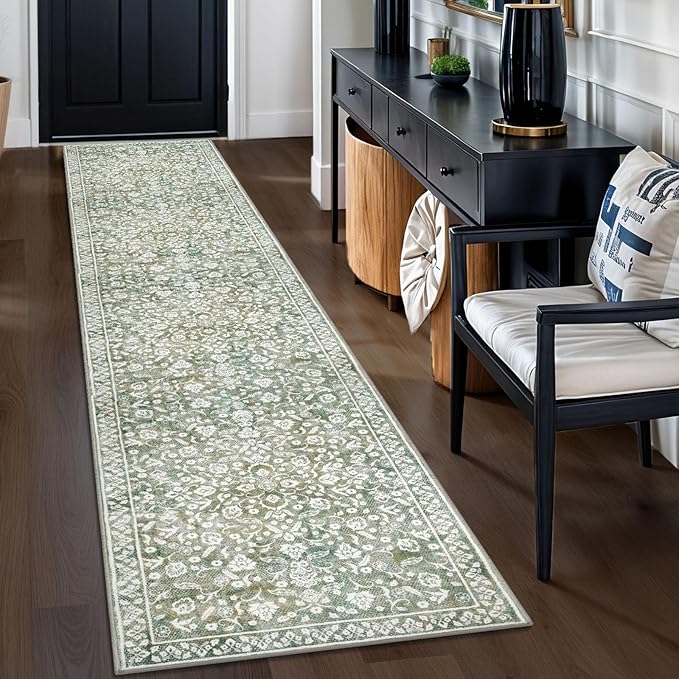 Vintage Runner Rugs for Hallway 2x10, Sage Green Beige Washable Long Hallway Runner Rug Non Slip, Super Soft Kitchen Runner Rug, Print Faux Wool Floral Thin Carpet Runner for Entryway Bedroom