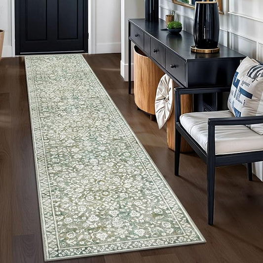 Vintage Runner Rugs for Hallway 2x10, Sage Green Beige Washable Long Hallway Runner Rug Non Slip, Super Soft Kitchen Runner Rug, Print Faux Wool Floral Thin Carpet Runner for Entryway Bedroom