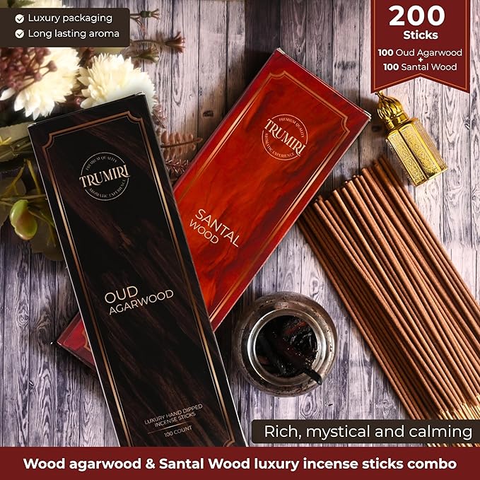 Oud Agarwood & Santal Wood - Combo Pack of Incense Sticks - 100 Insence-Sticks of Each Scent - Total 200 Inscents - Natural Insense Made with Non Toxic Ingredients and Essential Oils