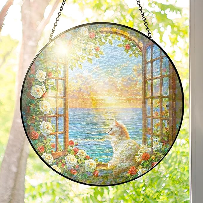 FLAGWIX Christmas Cat Gifts for Women - Stained Glass Window Hanging 10 in - Beach Gifts for Women Mom Grandma, Gift for Cat Lovers, Suncatcher Holiday Christmas Decorations for Home, Coastal Decor