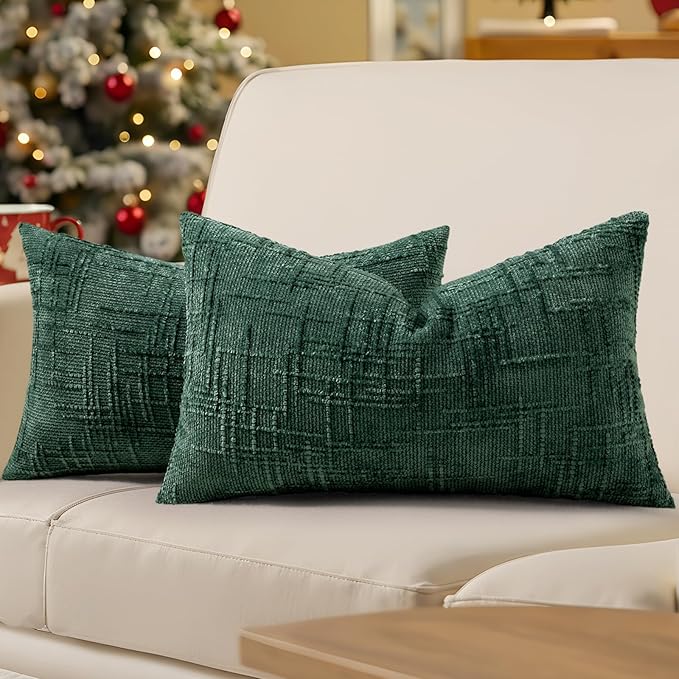 decorUhome Christmas Green Chenille Throw Pillow Covers 12x20 Set of 2 Thick Textured Slubby Couch Pillow Covers Farmhouse Accent Modern Neutral Decorative Pillow Cases for Bed Sofa Living Room