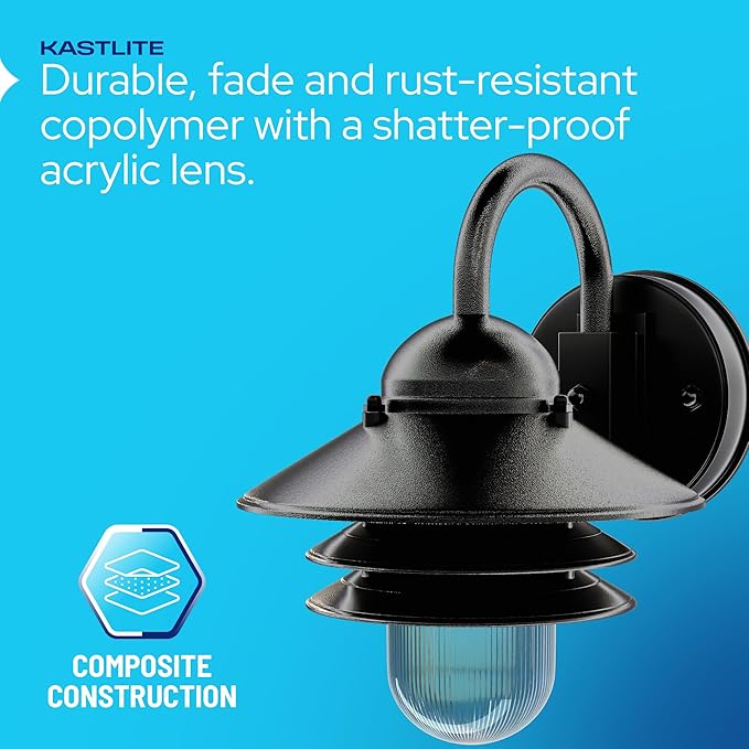 KASTLITE Nautical Outdoor Sconce Wall Mounted Light - Rust & Waterproof Non-Metallic Coastal Lantern - UL Listed Patio Deck Porch Front Door & Dock Lighting Fixture - USA Made, 13"x10", Matte Black