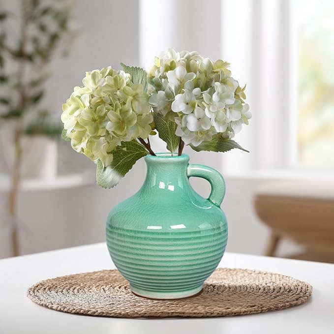 Sunddo Green Ceramic Vase 6 Inch - Small Decorative Vases with 1 Handle, Textured Modern Vase for Home Decor, Bathroom, Bedroom, Living Room, Centerpiece, Table Decor