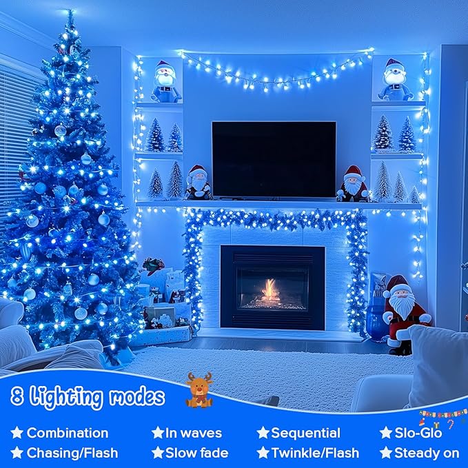 JMEXSUSS 2 Pack 100 LED Blue Christmas Lights Indoor Outdoor, 33ft Connectable Christmas String Lights Plug in, 8 Modes Clear Wire Blue LED Lights for Xmas Tree Yard Bedroom Party Fireplace Decoration