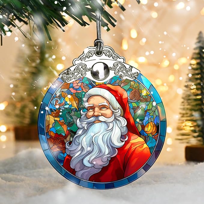 Santa Christmas Ornament, Jocidea Stained Glass Ornaments for Christmas Tree, Christmas Tree Decorations, Santa Gift, Holiday Decor and Xmas Gifts Ideas