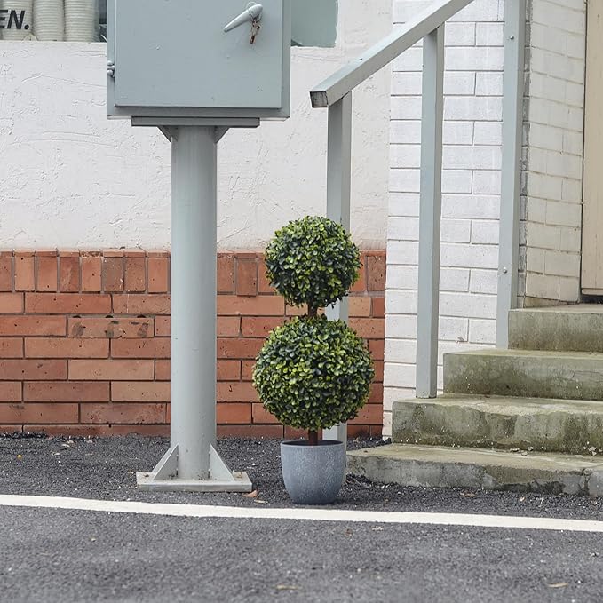 Faux Boxwood Topiary Plants Outdoor 2 Pack 23.6 Inch - Artificial Ball Trees Fake Bush 2 ft Round Shaped Indoor for Backyard, Balcony,Garden, Wedding and Home Décor (24 inches, Boxwood 2 Ball)