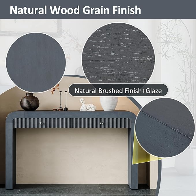 Rustic Console Table with 2 Fluted Drawer Front, Wood 54'' Long Entryway Table Accent Sofa Table with Curved Corners& Thick Legs for Hallway & Living Room (Dark Navy-5.2)