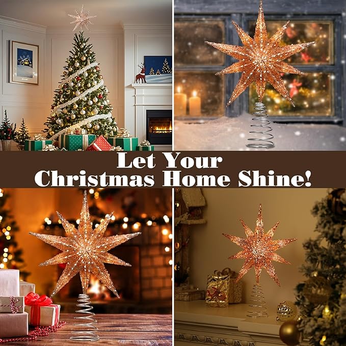 Lewondr Christmas Tree Topper Star, 13inch 10-Point Light Up Xmas Star Treetop with Plug and Remote Control for Home Christmas Decoration, 6H Timer & 8 Lighting Modes, Warm Light, Rose Gold