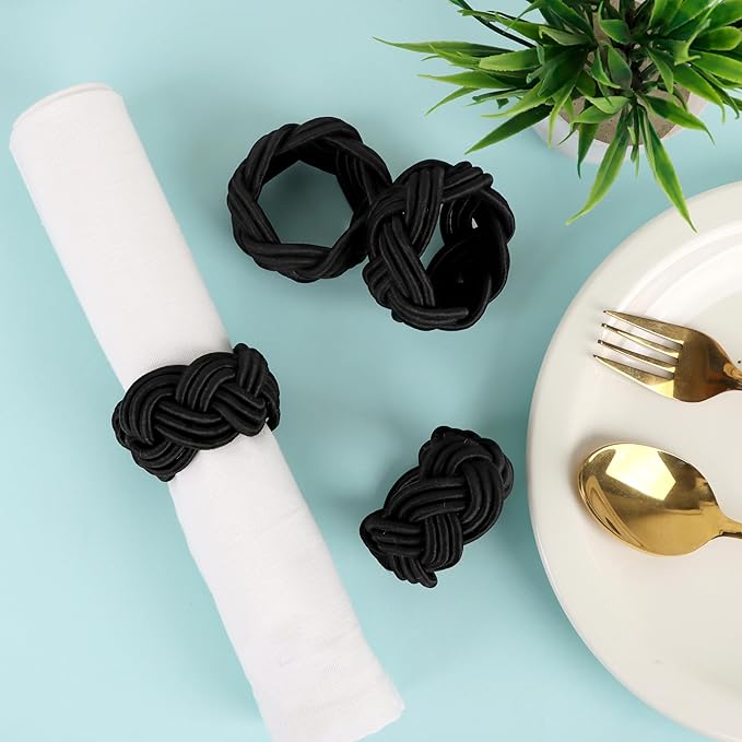 12 Pcs Woven Napkin Rings, Handmade Rustic Farmhouse Nautical Napkins Ring for Festives Gathering Banquet Wedding Birthday Table Decor Everyday Dining Decor (Black) - ALPHA Living HOME