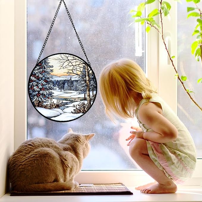 Stained Glass Window Hanging, Winter Snow Landscape Suncatcher Diamond Glass Panel Sun Catchers Decor for Birthday for Women, Men, Wife, Aunt, and Mom 6.3x6.3 in
