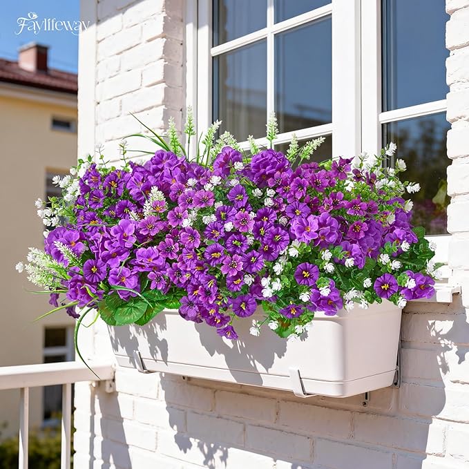 16 Bundles Artificial Flowers for Outdoors, UV Resistant Silk Faux Flowers for Outside Planters,Garden,Porch,Patio,Yard,Home Decor(Purple)
