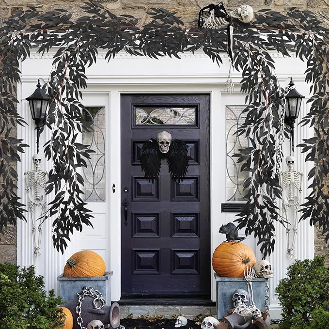 RECUTMS Artificial Hanging Willow Leaves Vine Twigs 2Pcs 5.7Ft Halloween Black Leave Garland Fake Silk Willow leaf Ivy Faux Greenery Plant for Indoor Outdoor Jungle Birthday Fall Christmas Party Decor