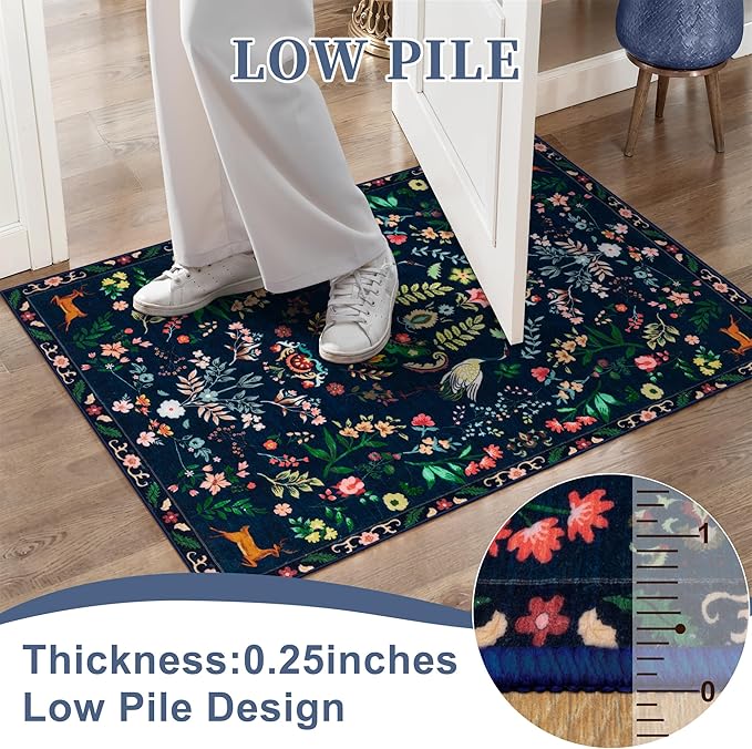 Tangsoo 2x3 Small Area Rug for Entryway, Non Slip Machine Washable Boho Nature Floral Animal Entry Rug, Low Pile Throw Rugs Door Mat Indoor Entrance Floor Carpet for Bedside Kids Room, Kids Room
