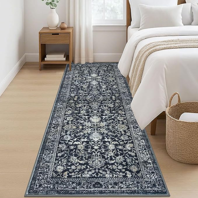 KILOCOCO Hallway Runner 3x8 Rug Runner Printed Vintage Floral Washable Kitchen Runners Non-slip Rubber Backed Runners for Hallways Laundry Room Distressed Boho Rugs for Entryway Bedroom, Navy/Charcoal