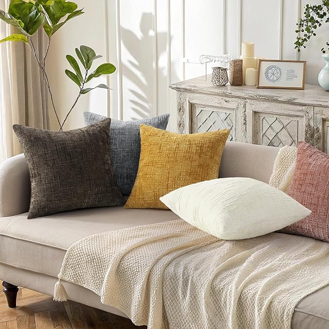 decorUhome Pink Chenille Throw Pillow Covers 20x20 Set of 2 Thick Textured Slubby Couch Pillow Covers Farmhouse Accent Modern Neutral Decorative Pillow Cases for Bed Sofa Living Room