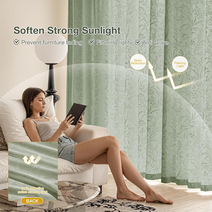 Anmao Sage Green Semi Sheer Light Filtering Curtains 84 Inches Long 2 Panels, Leaf Pattern Drapes for Living Room Bedroom, Rod Pocket Sheer Window Treatments with Floral Design, 52x84 Inch