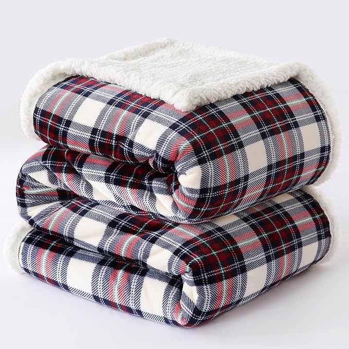PU MEI Sherpa Fleece Throw Blanket 60" x 80" Reversible Plush Fluffy Large Big Blanket Lattice Flannel Blankets for All Season Use, White Check