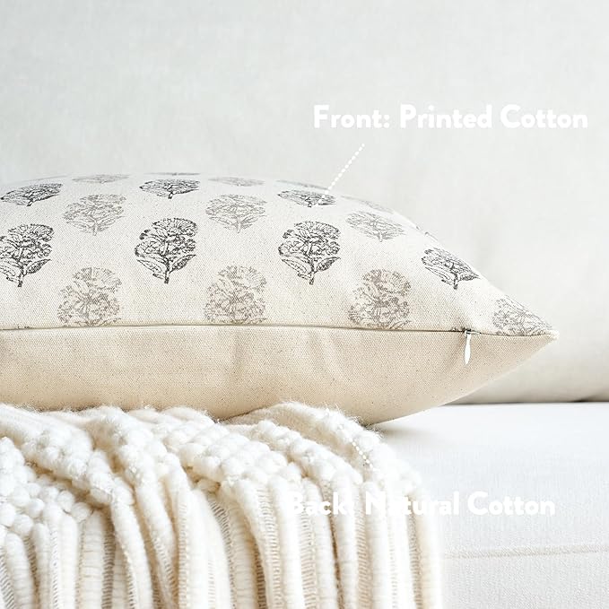 Floral Vintage Throw Pillow Covers 18x18 Pillow Cover Block Print Decorative Cushion Covers Farmhouse Neutral Accent Home Décor for Sofa Couch Living Room Bedroom, 1PC, Light Taupe