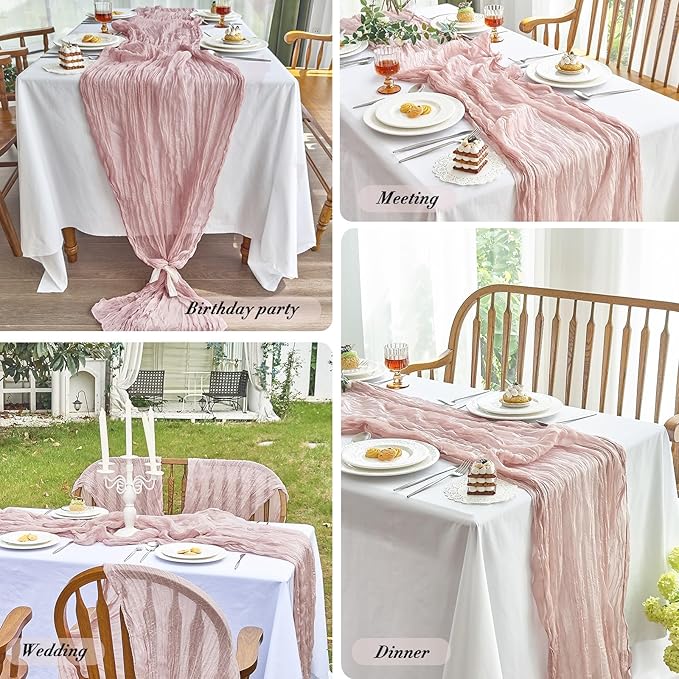 IVAPUPU 4 Pcs Cheesecloth Table Runner - 10ft Dusty Pink Boho Gauze Cheese Cloth Table Runners for Baby Shower Decoration Wedding Party Summer Garden Farmhouse Valentines Day Decorations