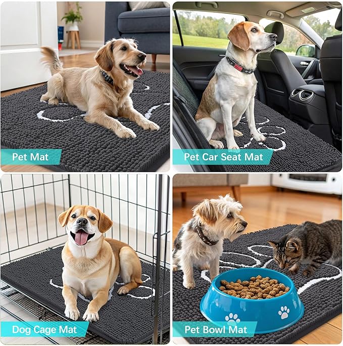 OLANLY Dog Door Mat for Muddy Paws 35x24, Paw Print Design, Absorbs Moisture and Dirt, Absorbent Non-Slip Washable Doormat, Quick Dry Chenille Mud Mat for Dogs, Entry Indoor Entryway Carpet, Dark Grey