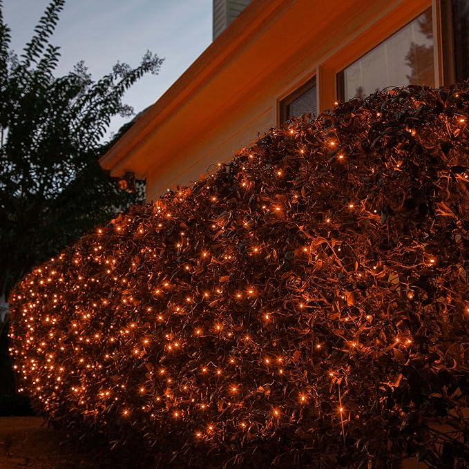 Wintergreen Lighting 100 5mm Orange LED Christmas Net Lights, 4 x 6 ft Indoor/Outdoor Commercial Grade Hedge, Shrub & Yard Holiday & Halloween Lighting