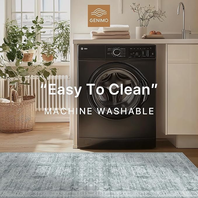 GENIMO Machine Washable 8x10 Area Rugs for Living Room, Non Slip Vintage Rugs, Low Pile Lightweight Chenille Print Rug for Bedroom, Dining Room, Home Office, Blue Gray