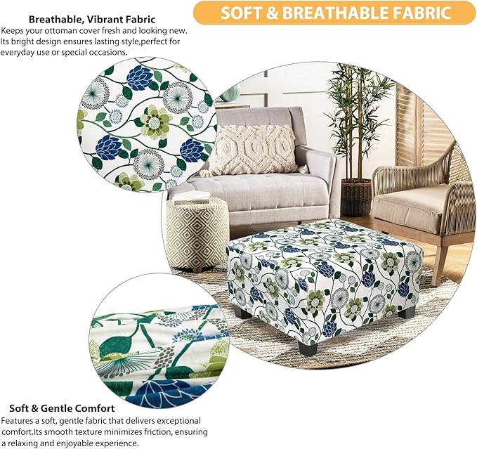 Ottoman Cover Square Slipcovers Printed,Stretch Footrest Stool Cover for Ottoman Square,Soft Foot Stool Cover Protector with Nonslip Elastic Bottom (Medium,Flower C)
